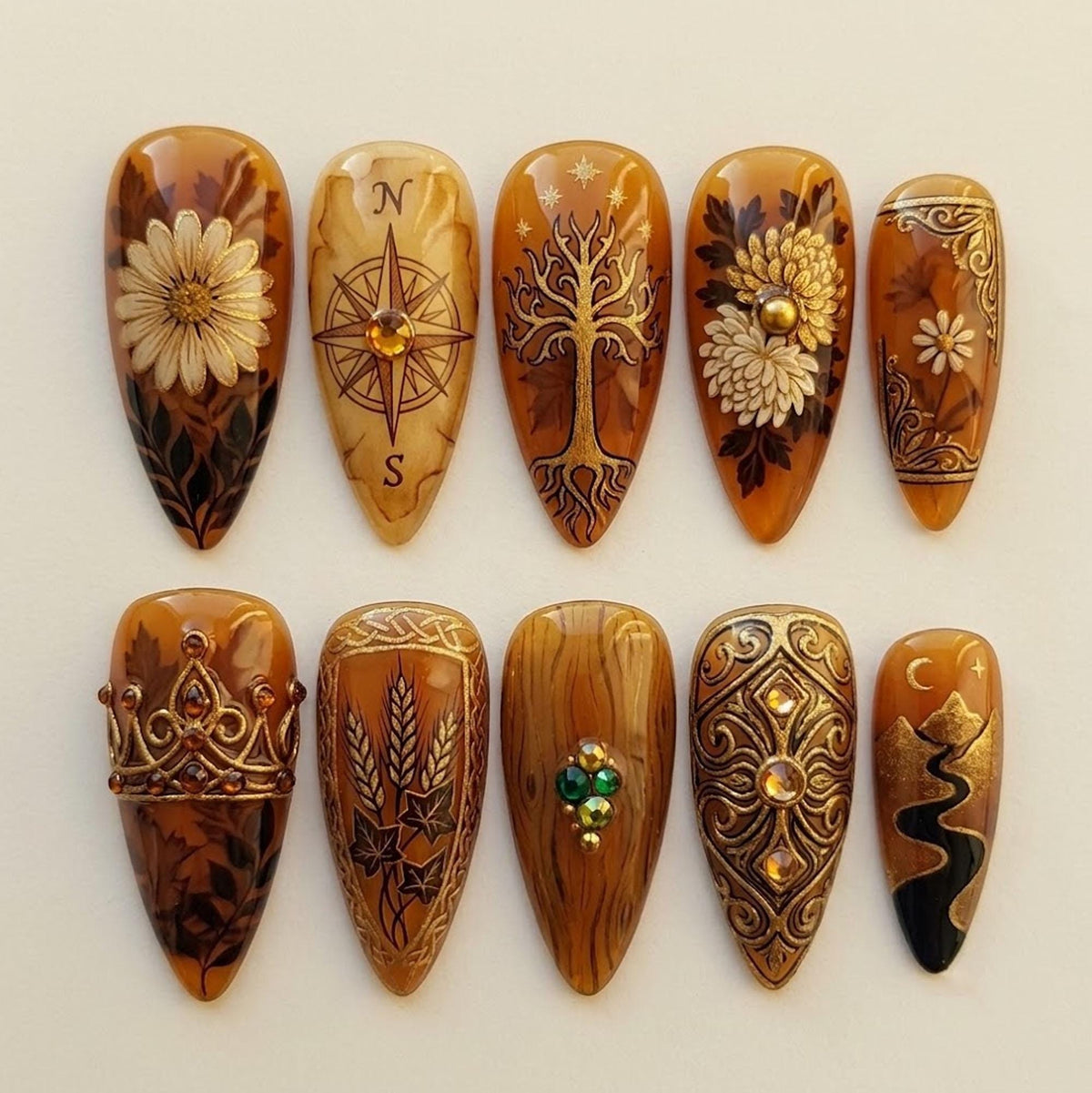 Autumn Amber Floral Nail Set With Golden Tree, Compass, and Harvest Details
