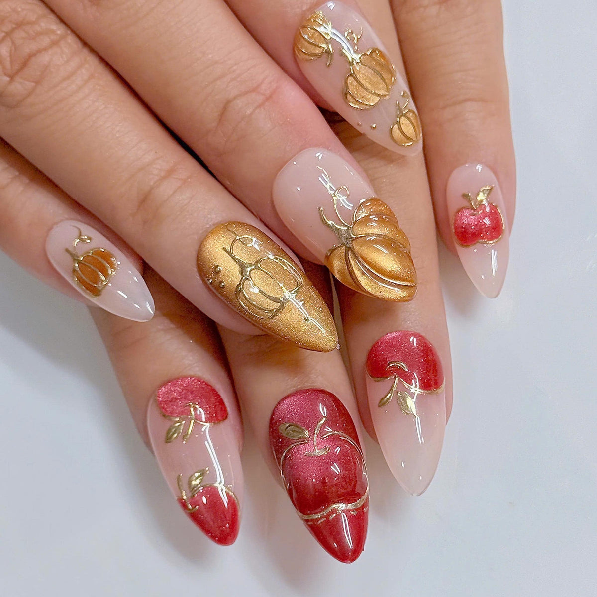 Autumn Apple and Gold Pumpkin Press On Nails