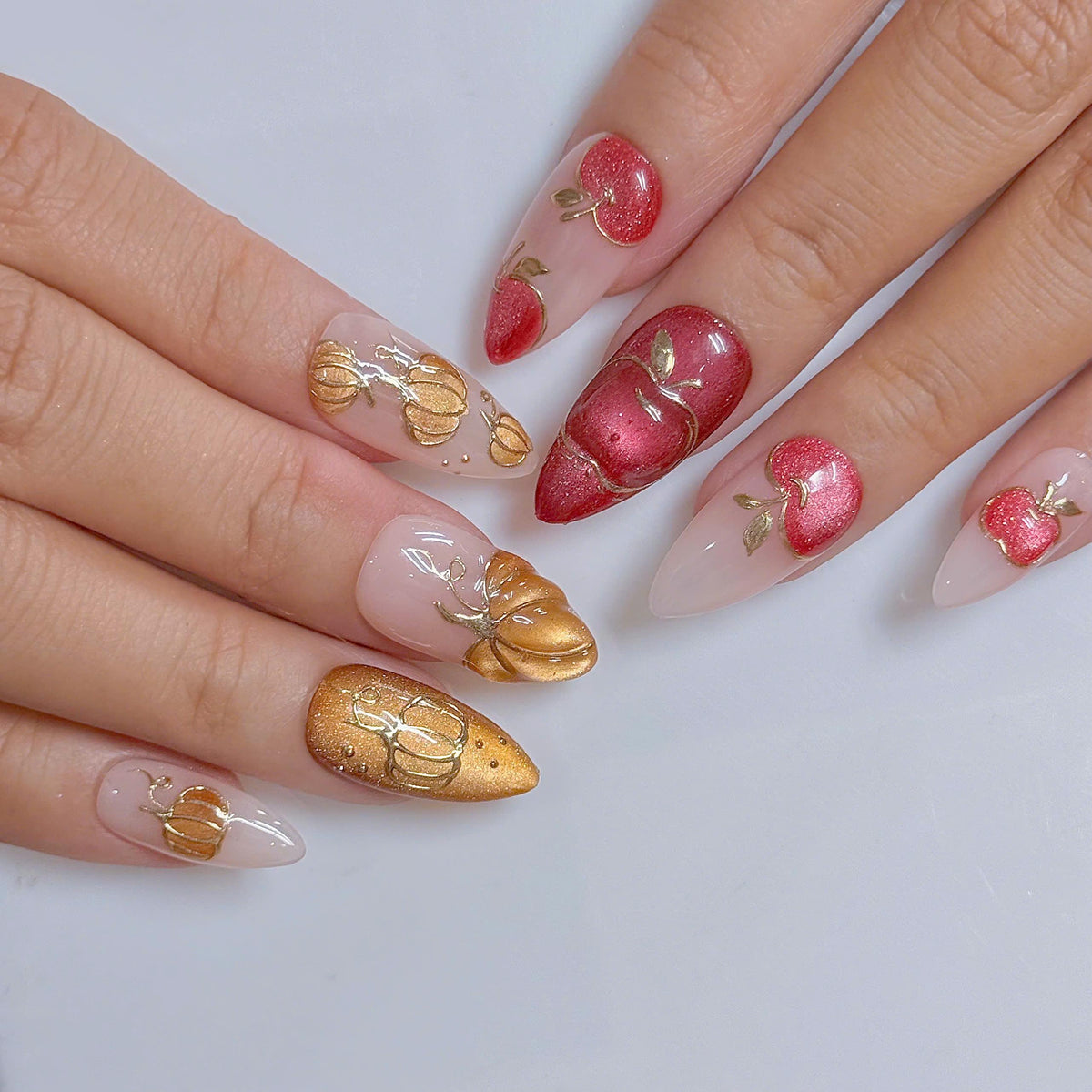 Autumn Apple and Gold Pumpkin Press On Nails