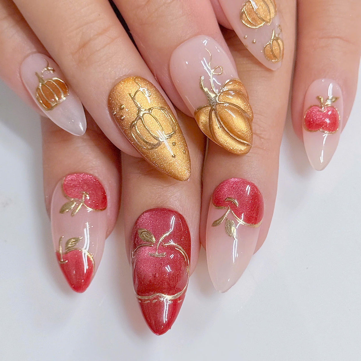 Autumn Apple and Gold Pumpkin Press On Nails