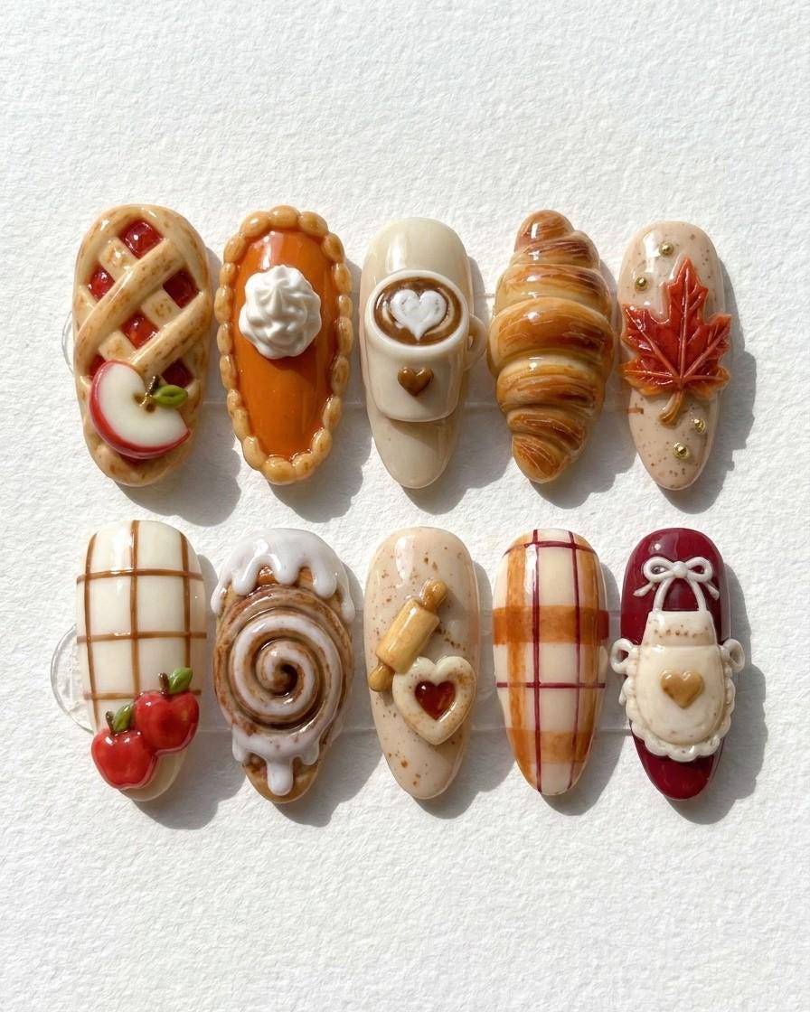 Autumn Bakery Press On Nails With 3D Pastries, Pie, Latte Art and Plaid