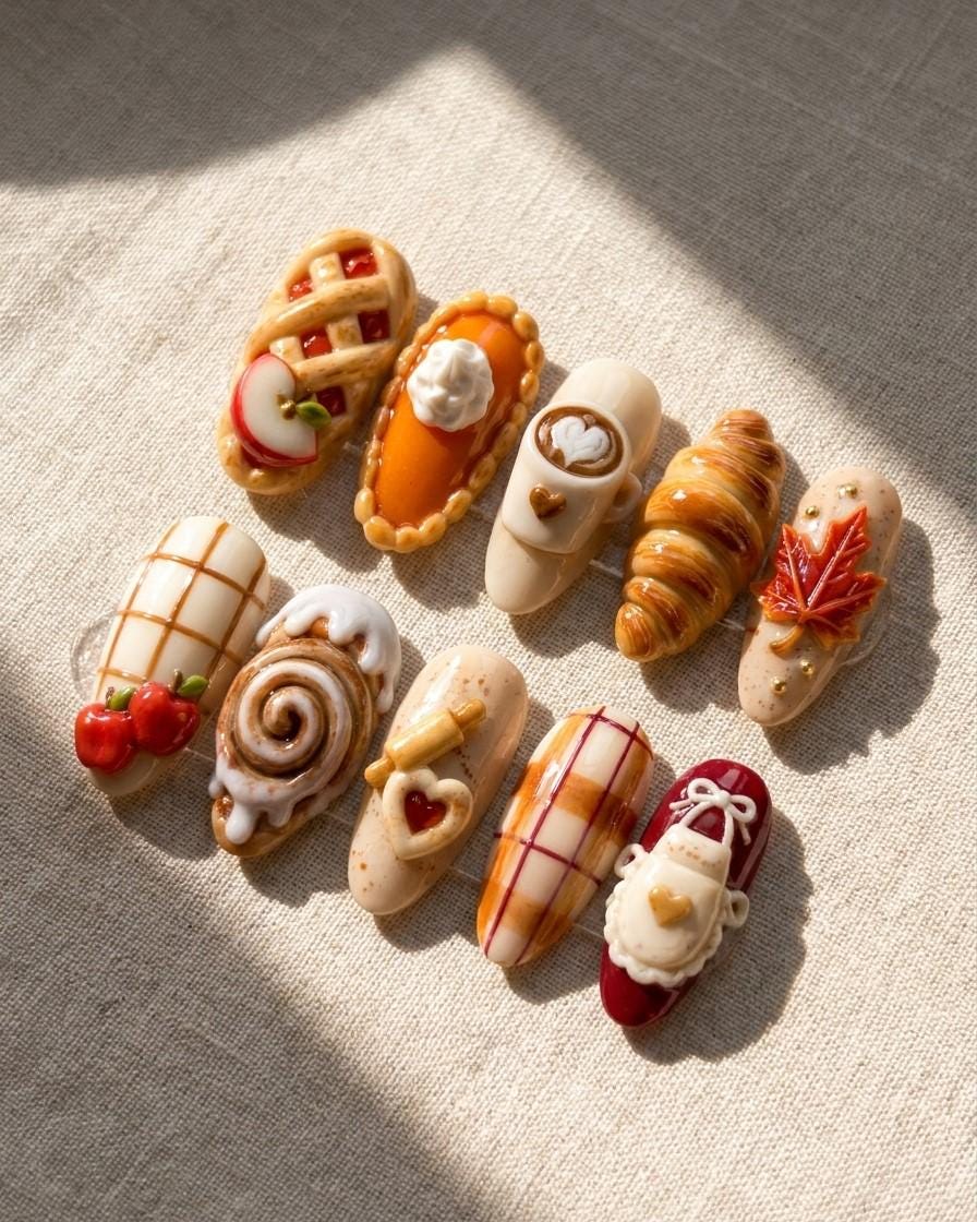 Autumn Bakery Press On Nails With 3D Pastries, Pie, Latte Art and Plaid