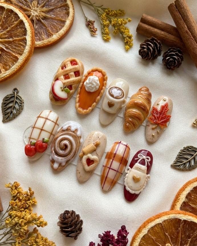 Autumn Bakery Press On Nails With 3D Pastries, Pie, Latte Art and Plaid