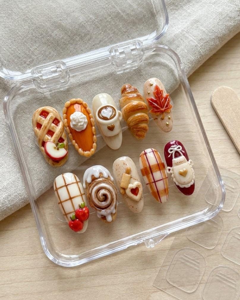 Autumn Bakery Press On Nails With 3D Pastries, Pie, Latte Art and Plaid