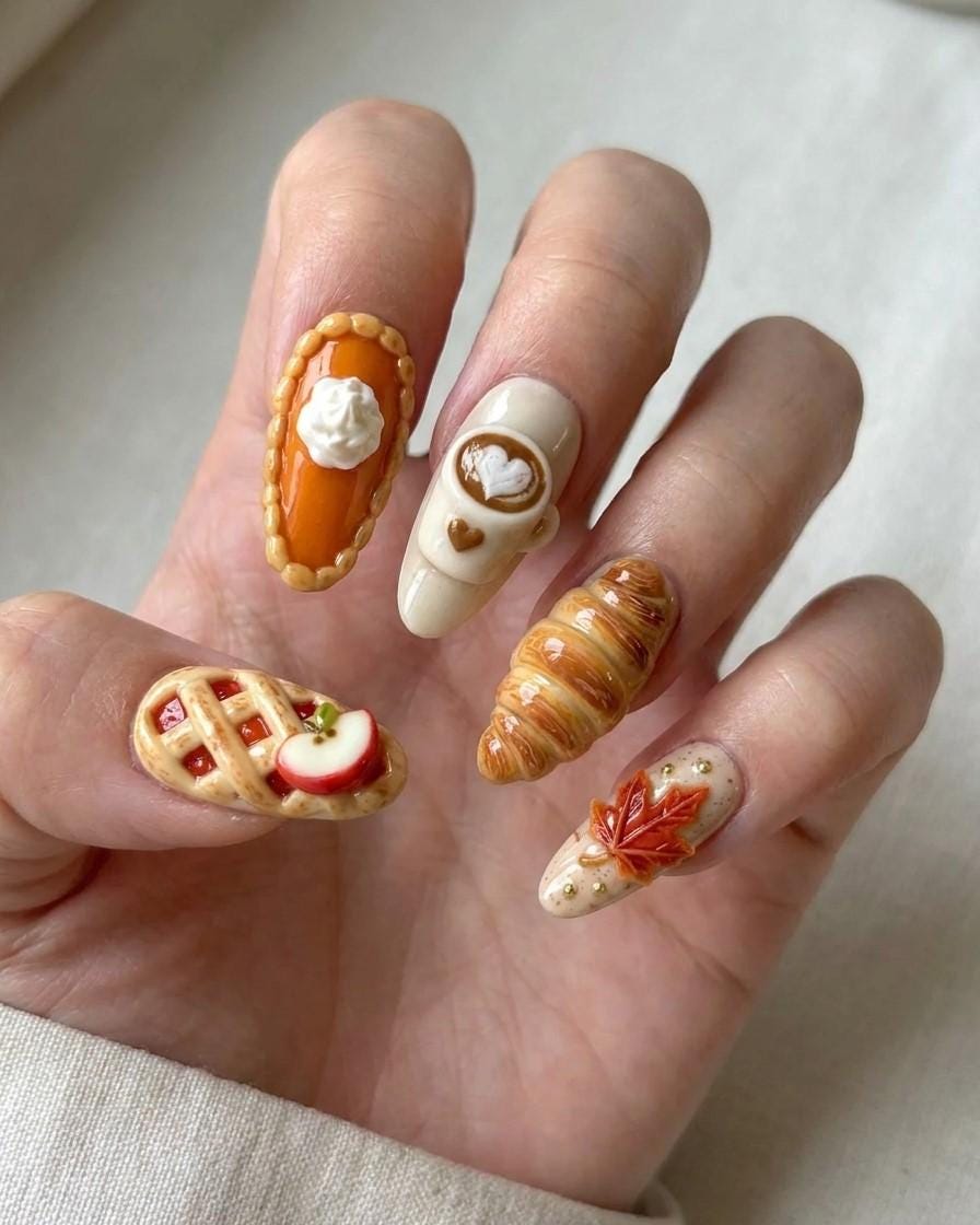 Autumn Bakery Press On Nails With 3D Pastries, Pie, Latte Art and Plaid