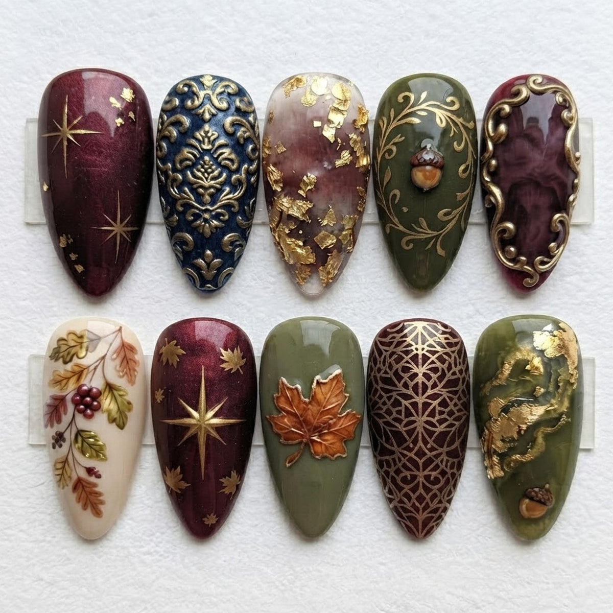 Autumn Baroque Nails with Raised Gold Damask, Maple Leaf and Berry Details