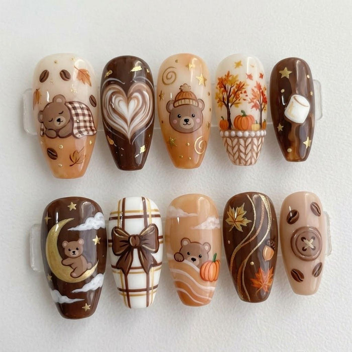 Autumn Bear and Coffee Press On Nails With Plaid, Pumpkins, and Fall Leaves