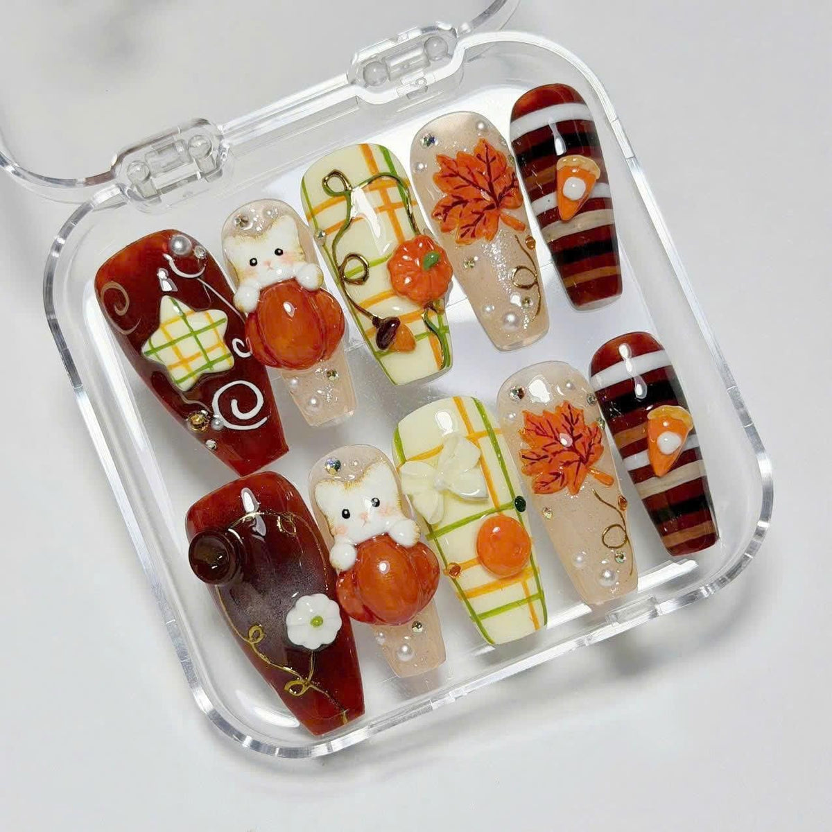 Autumn Bear, Pumpkin, Leaf and Plaid Press-On Nail Set