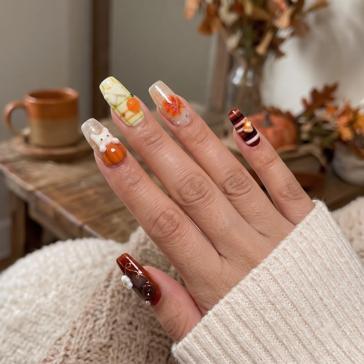 Autumn Bear, Pumpkin, Leaf and Plaid Press-On Nail Set