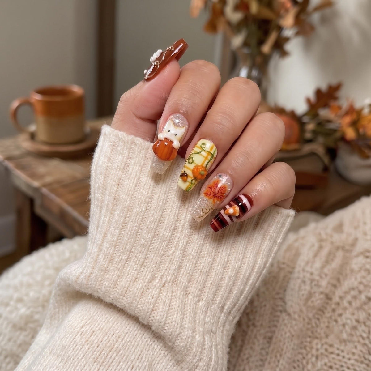 Autumn Bear, Pumpkin, Leaf and Plaid Press-On Nail Set