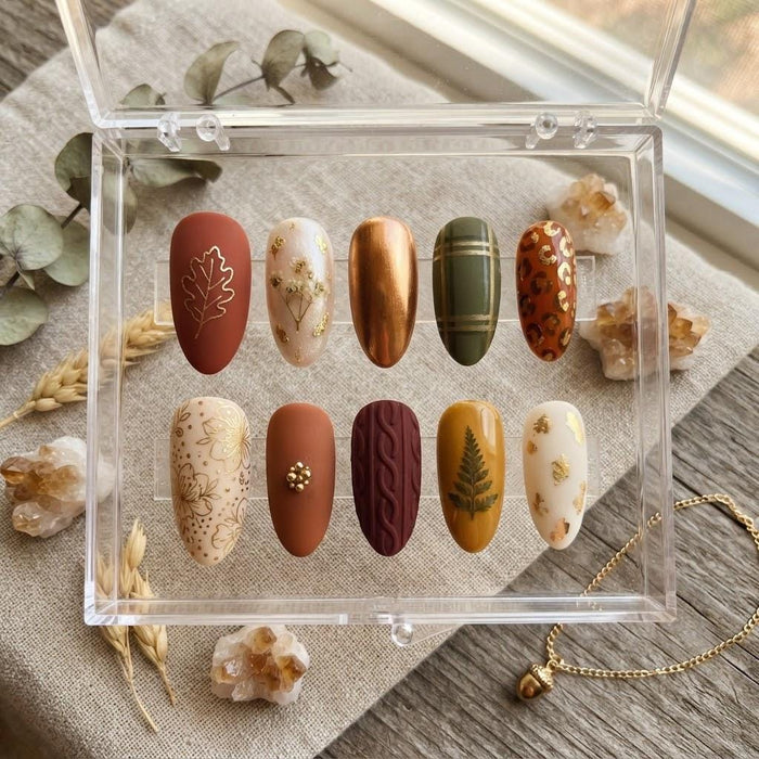 Autumn Botanical Leaf and Tortoiseshell Press On Nail Set with Copper Accents