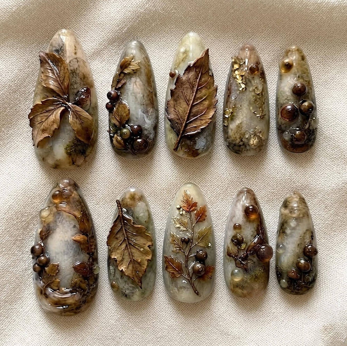 Autumn Botanical Leaf Press On Nails With Brown Berry Accents