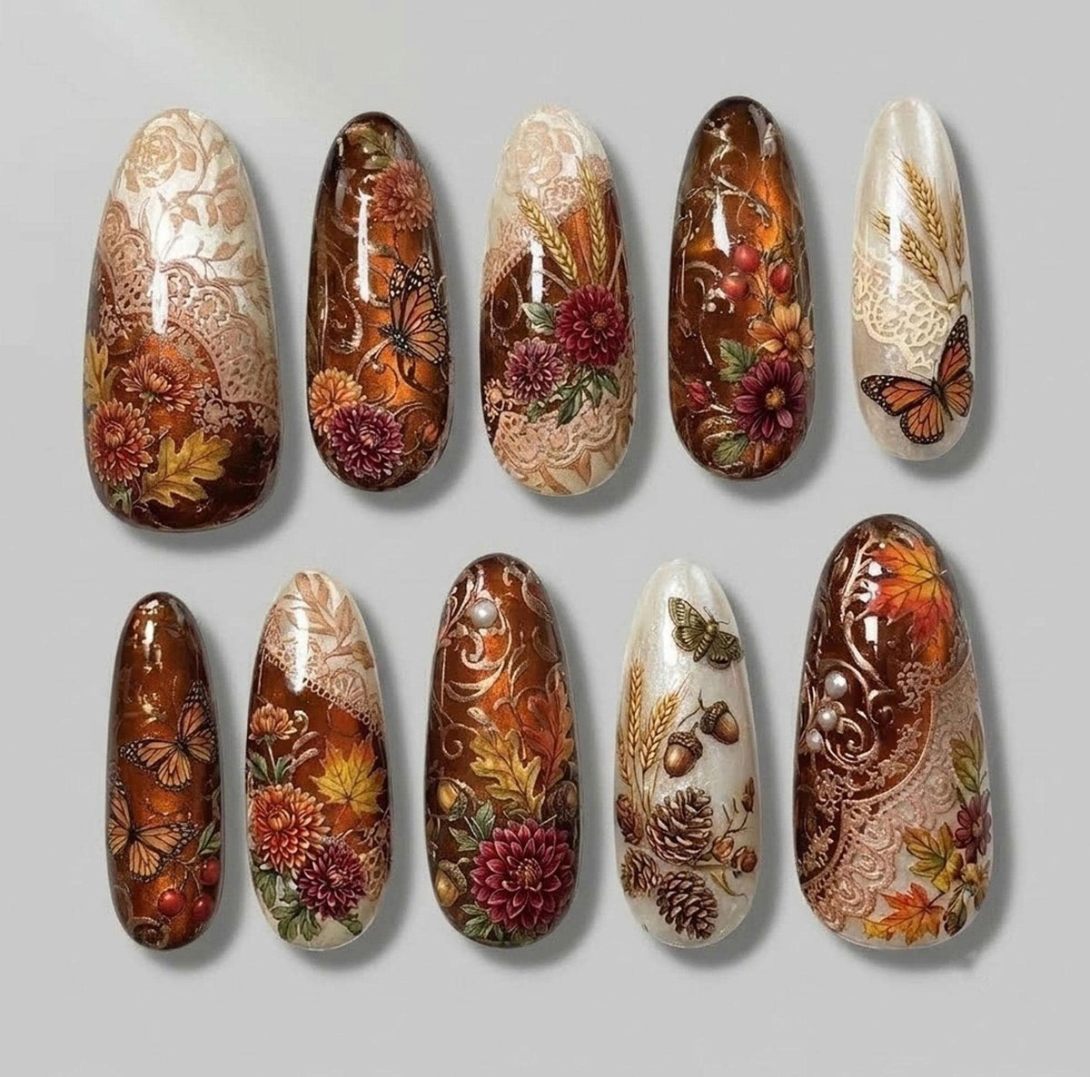 Autumn Botanical Nails With Chrysanthemums, Butterflies and Harvest Details
