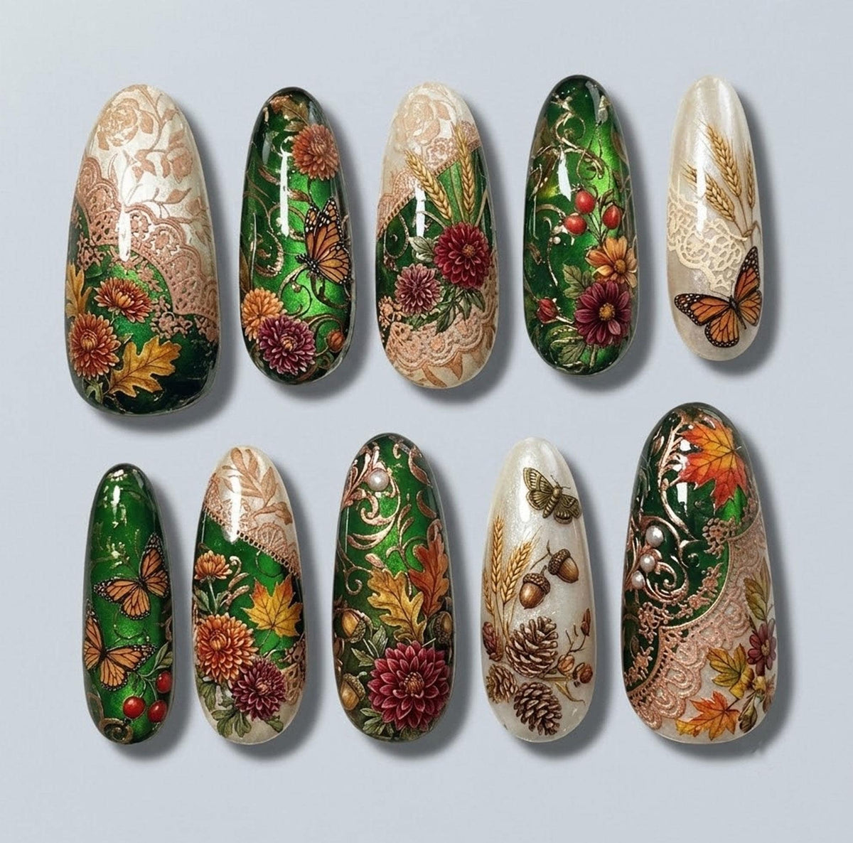 Autumn Botanical Nails With Chrysanthemums, Butterflies and Harvest Details