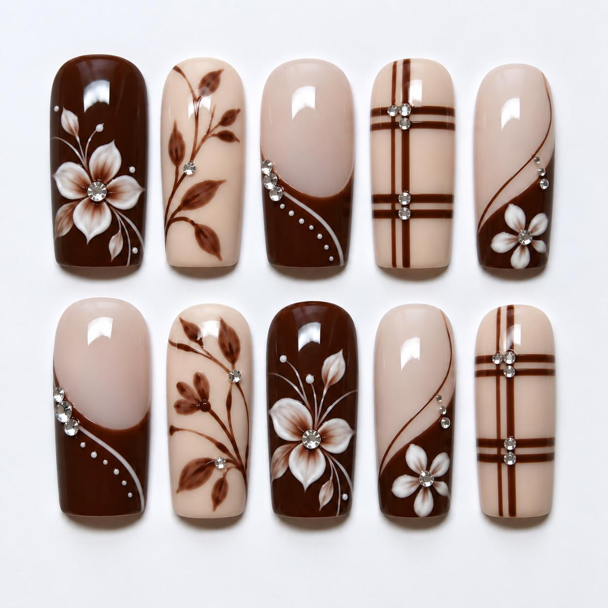 Autumn Brown and Nude Floral Plaid French Tip Press-On Nails