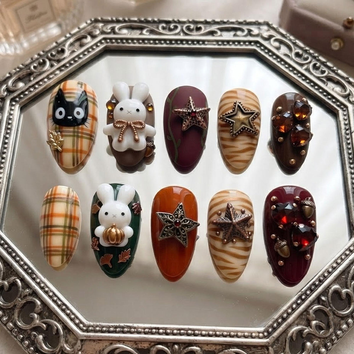 Autumn Bunny and Black Cat Press-On Nails with Plaid, Stars, and 3D Details