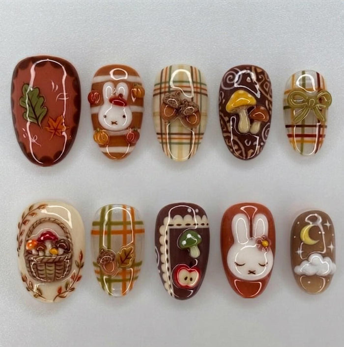 Autumn Bunny Mushroom Press On Nails With Plaid, Bows, and 3D Details