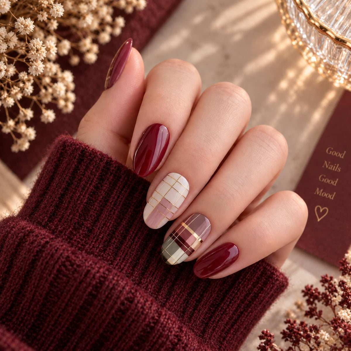 Autumn Burgundy and Gold Plaid Tartan Press-On Nail Set