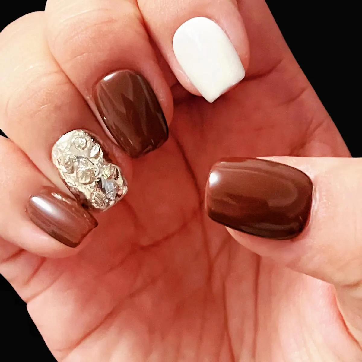 Autumn Burgundy and Ivory Nails with Reflective Gold and Silver Foil Accents