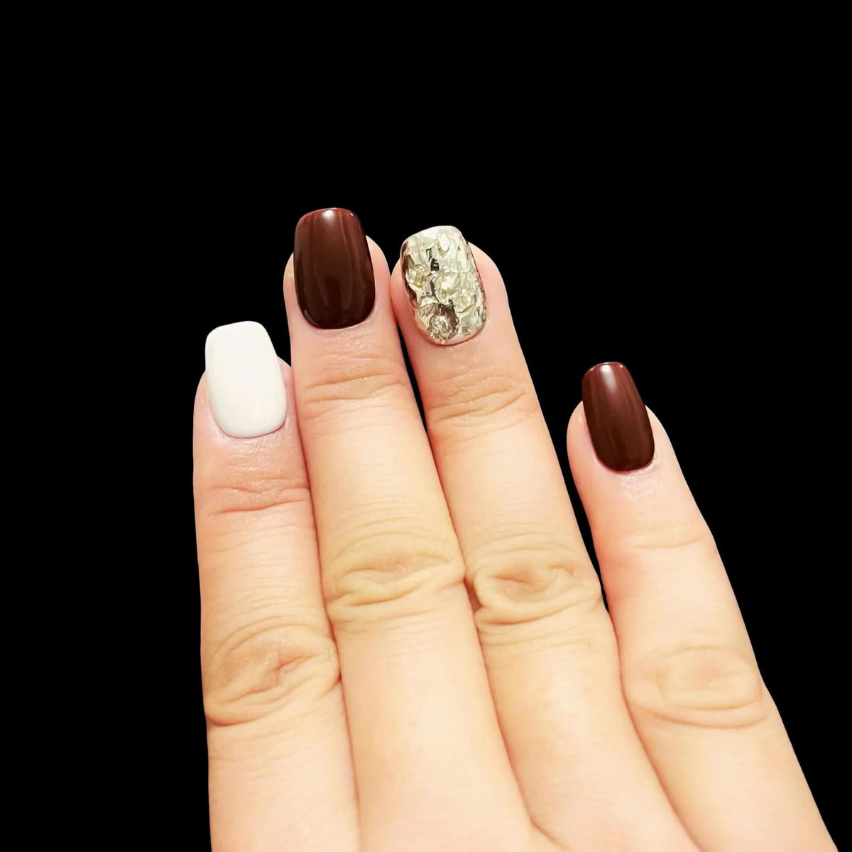Autumn Burgundy and Ivory Nails with Reflective Gold and Silver Foil Accents