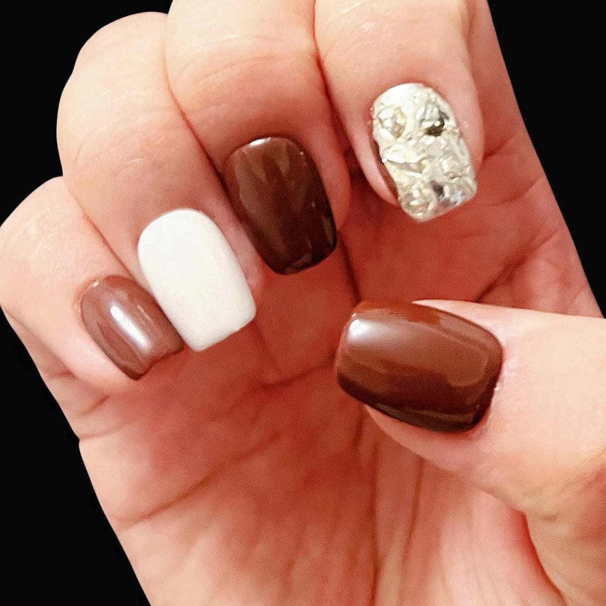 Autumn Burgundy and Ivory Nails with Reflective Gold and Silver Foil Accents