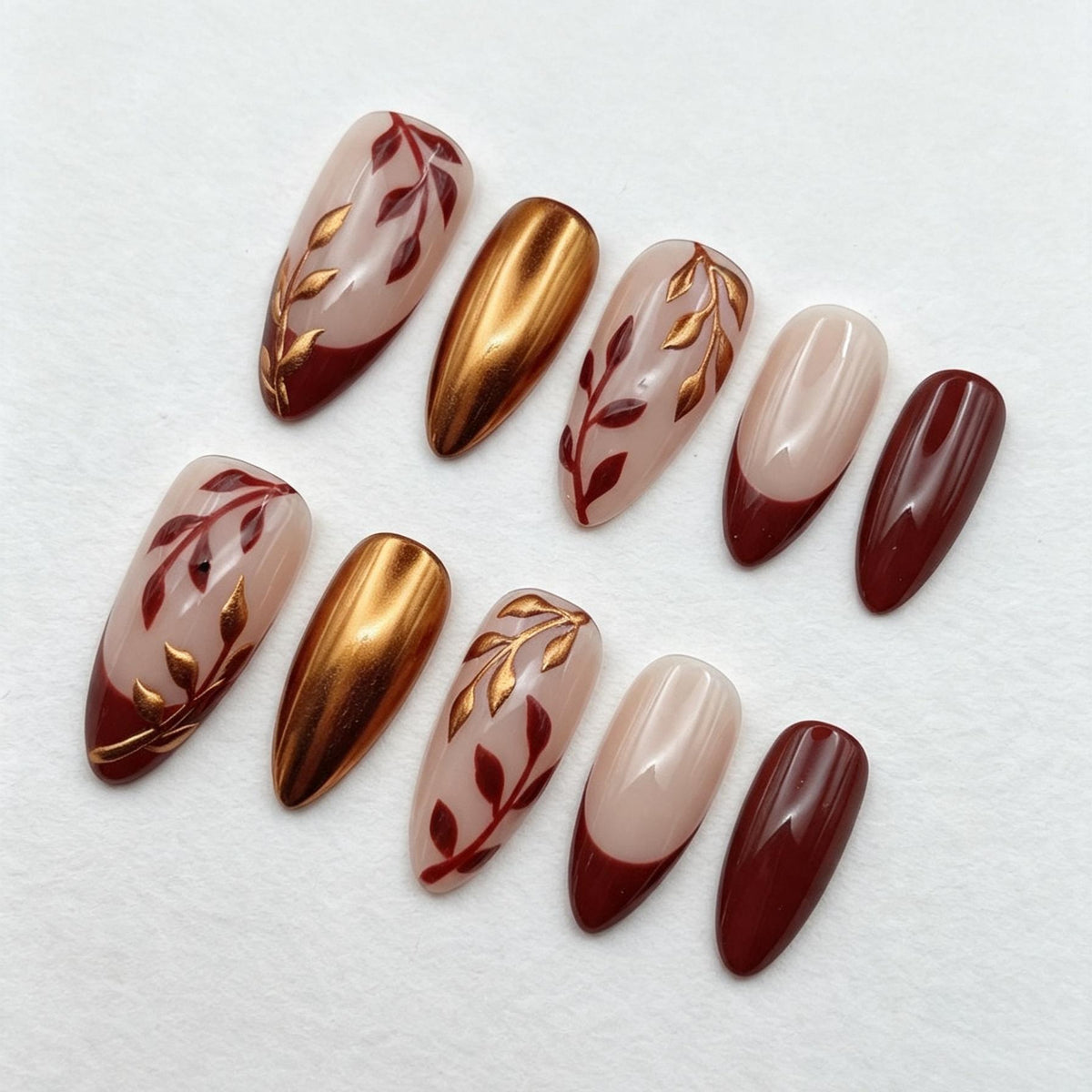 Autumn Burgundy Leaf and Gold-Bronze Chrome French Tip Nail Set