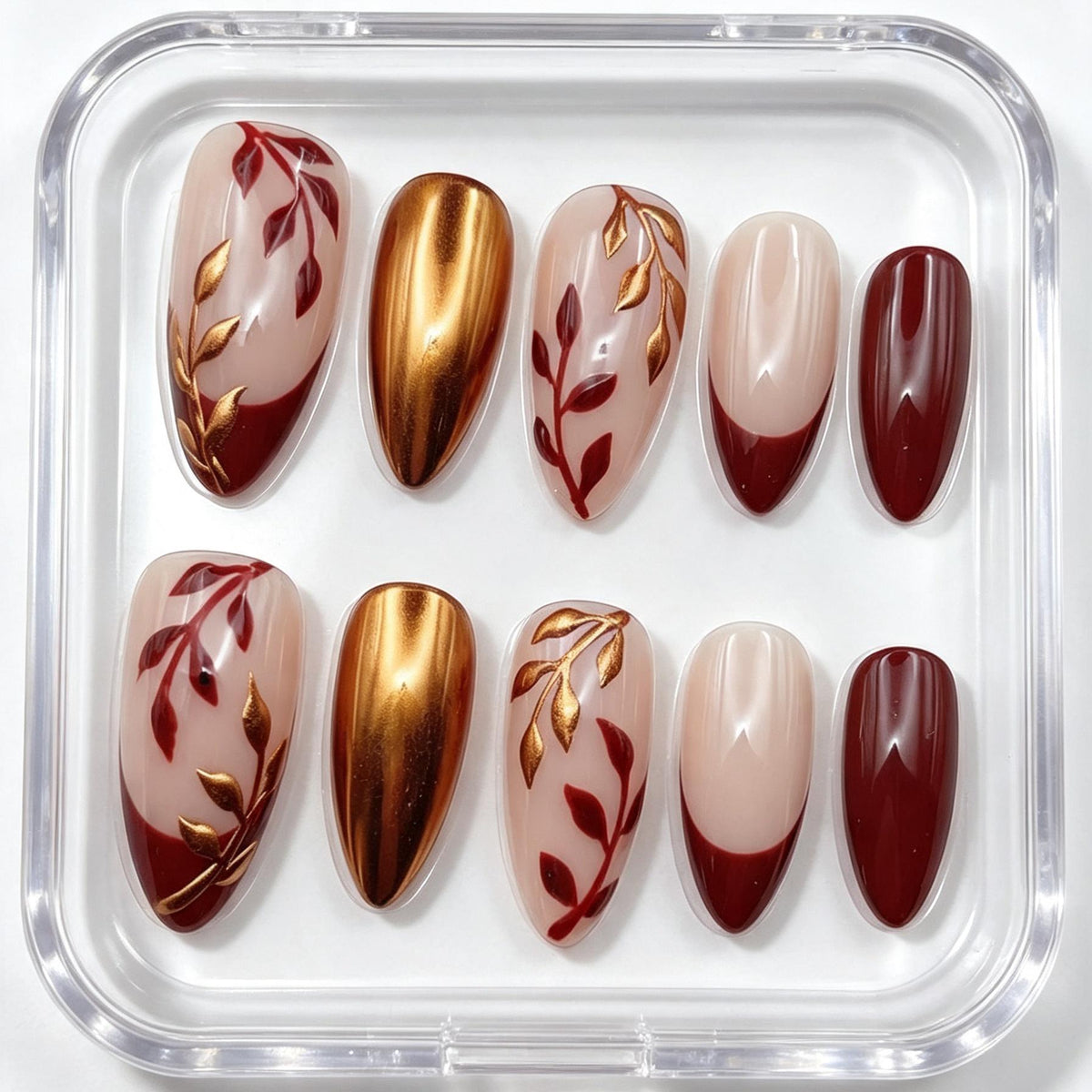 Autumn Burgundy Leaf and Gold-Bronze Chrome French Tip Nail Set