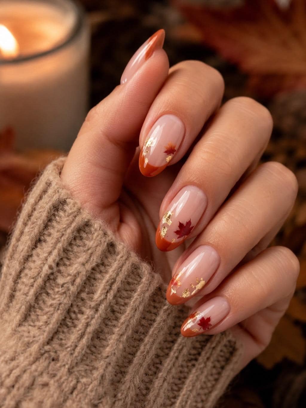 Autumn Burnt Orange French Tip Maple Leaf Nail Set With Gold Foil