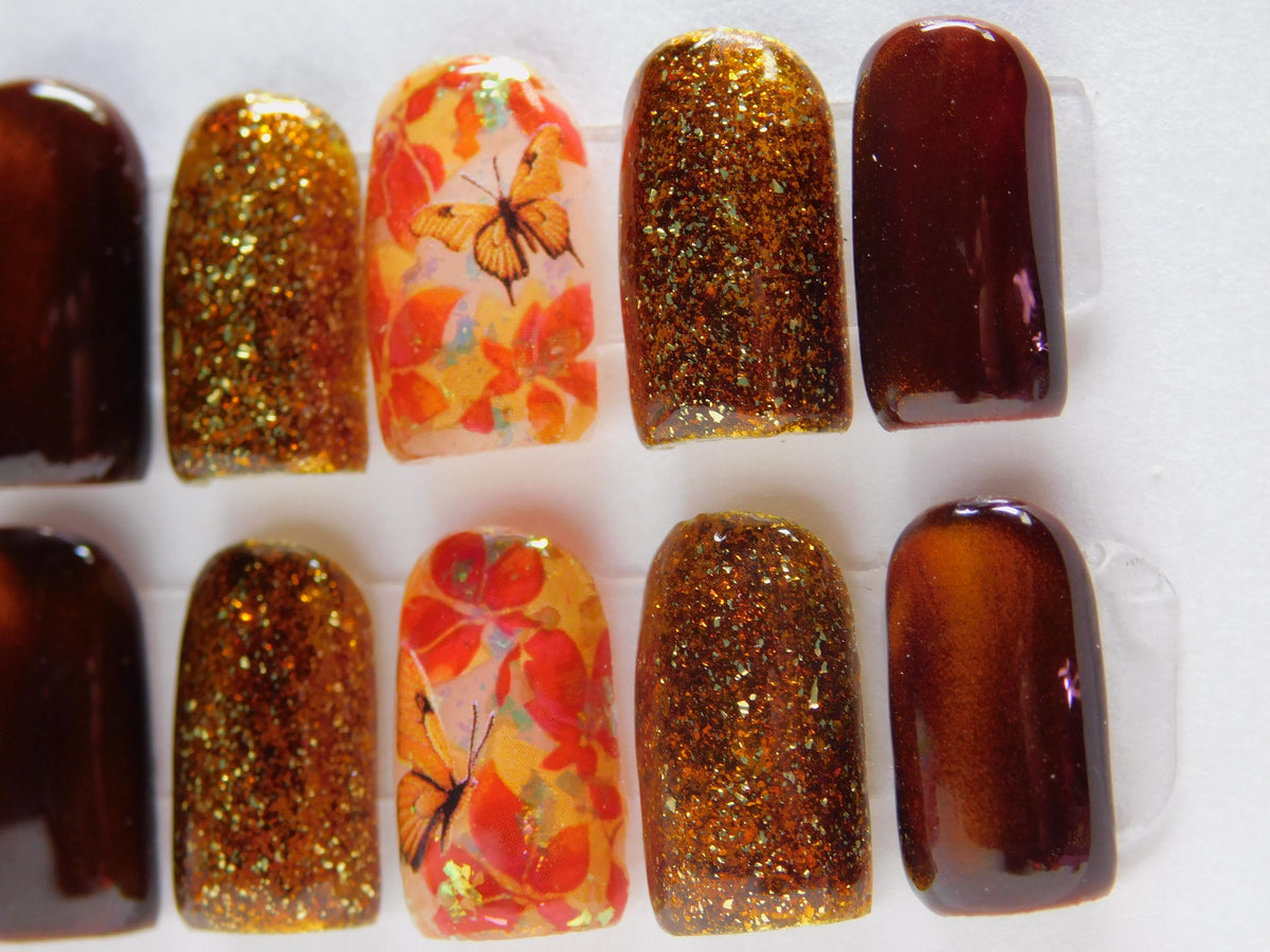 Autumn Butterfly and Leaf Cat-Eye Glitter Nail Set