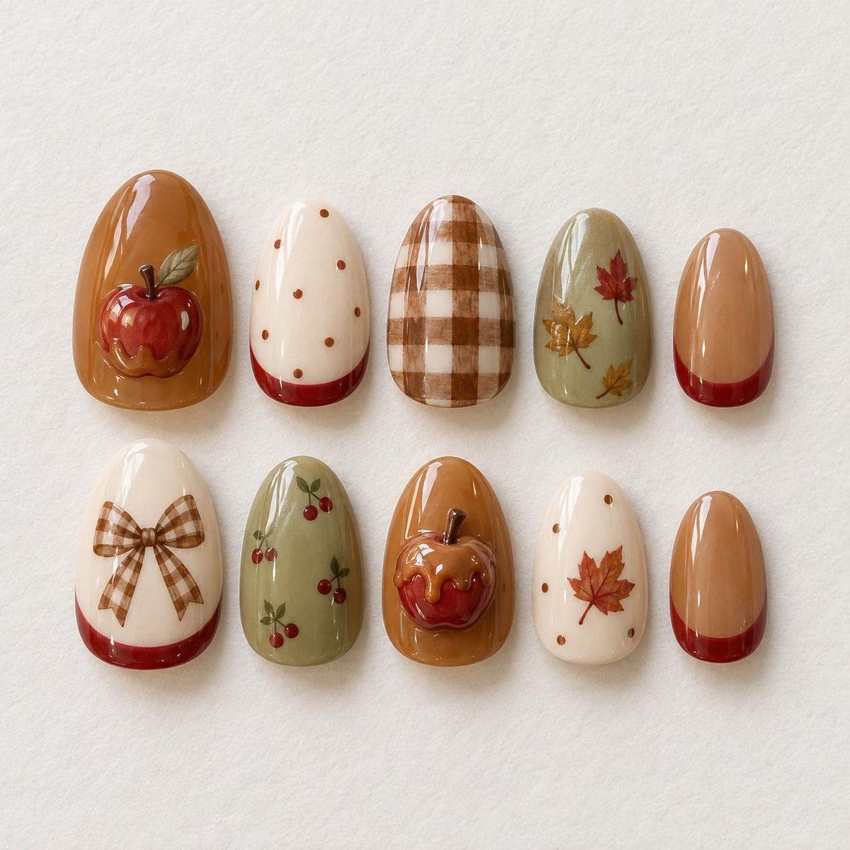 Autumn Caramel Apple Press-On Nails With Plaid, Cherries & Maple Leaves
