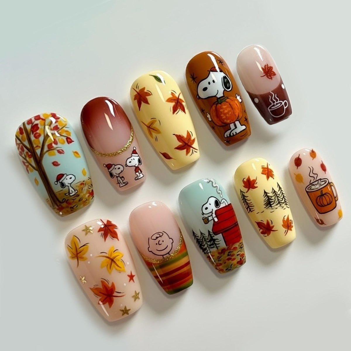 Autumn Cartoon Character Nails with Pumpkins, Leaves and Cozy Drinks