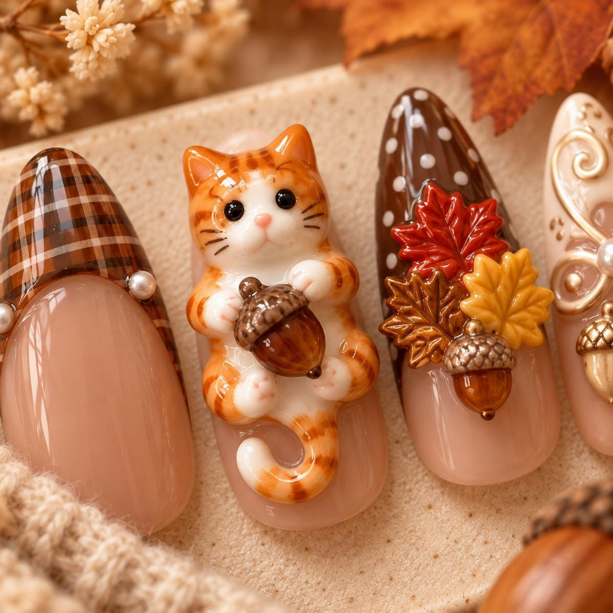 Autumn Cat and Acorn Press On Nails with Brown Plaid Tips