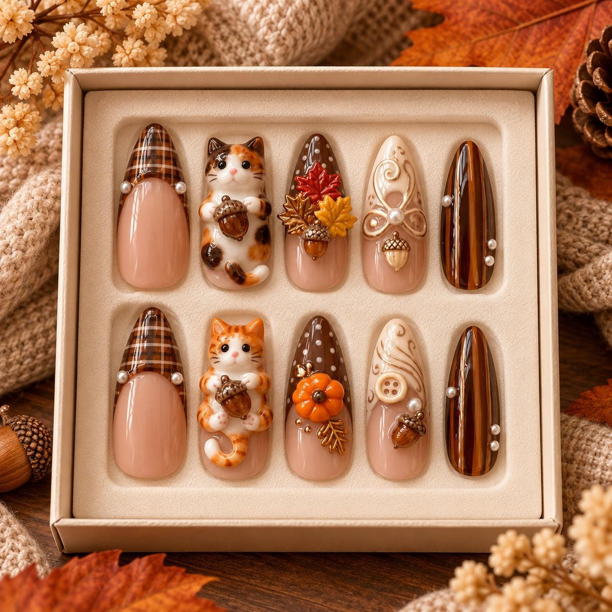 Autumn Cat and Acorn Press On Nails with Brown Plaid Tips