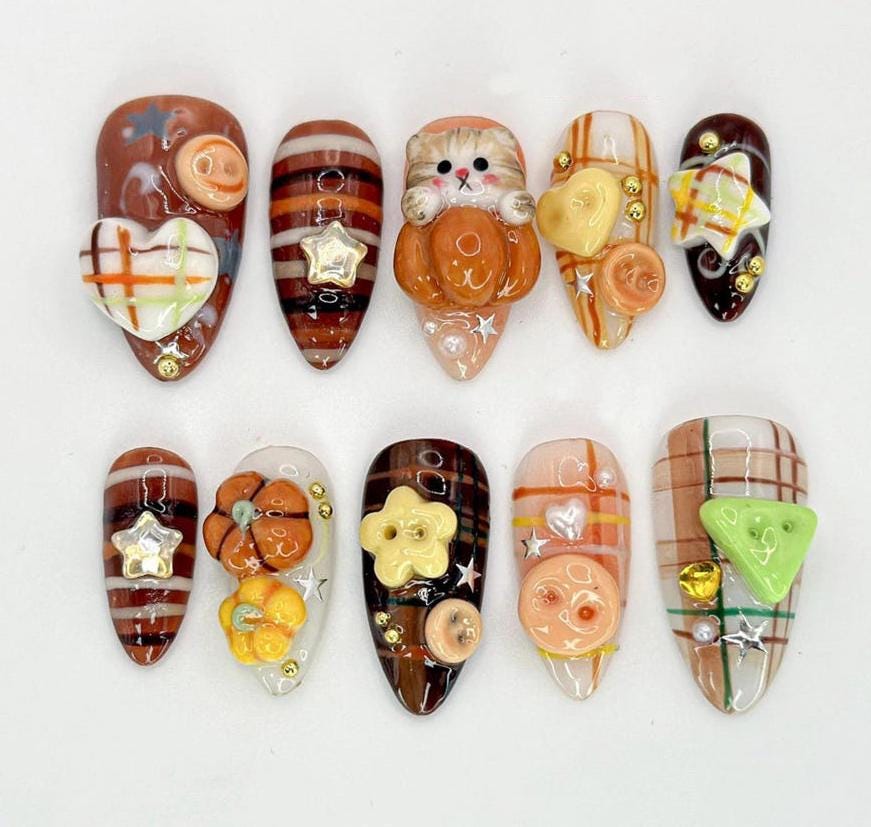 Autumn Cat and Plaid Press-On Nails with 3D Pumpkin and Flower Details