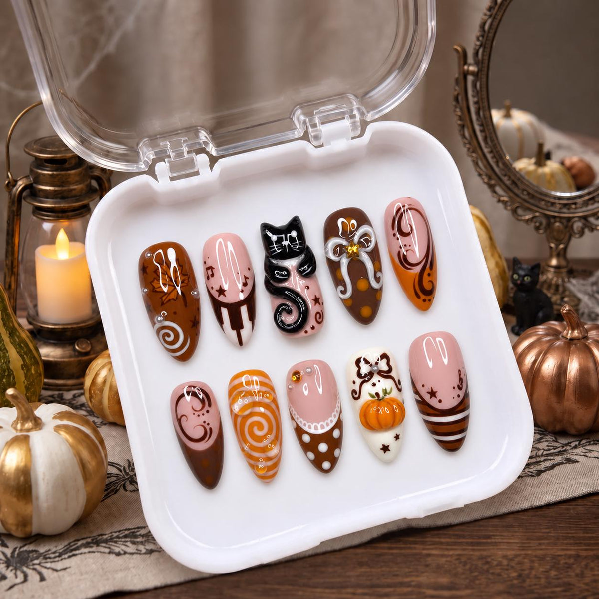 Autumn Cat and Pumpkin Nails with Raised Bows, Pink and Brown Halloween Art