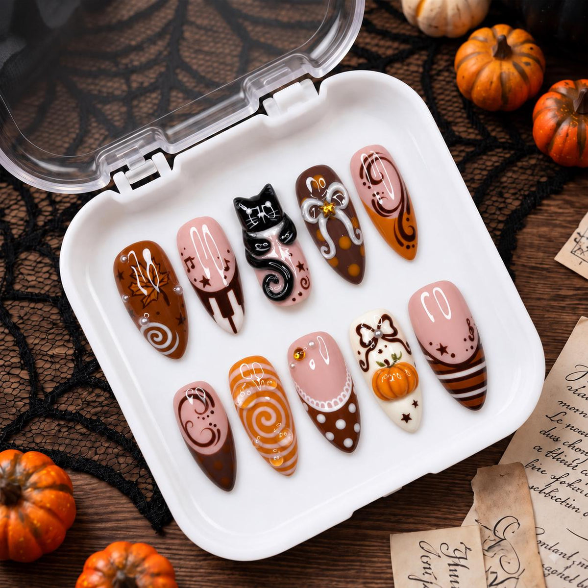 Autumn Cat and Pumpkin Nails with Raised Bows, Pink and Brown Halloween Art