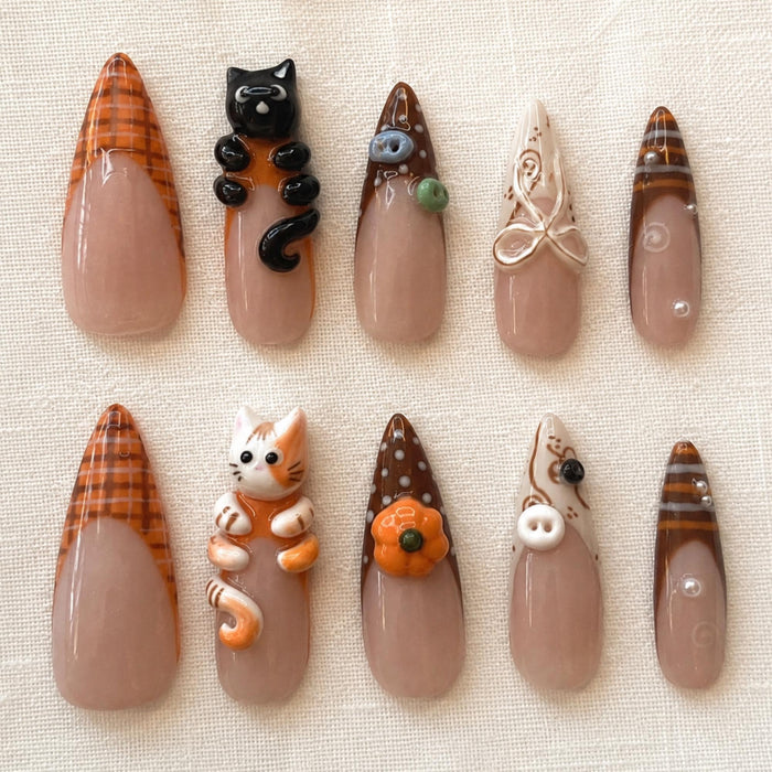 Autumn Cat and Pumpkin Press On Nails with Brown Plaid Tips