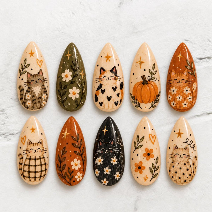 Autumn Cat and Pumpkin Press-On Nails with Flowers, Plaid, and Stars