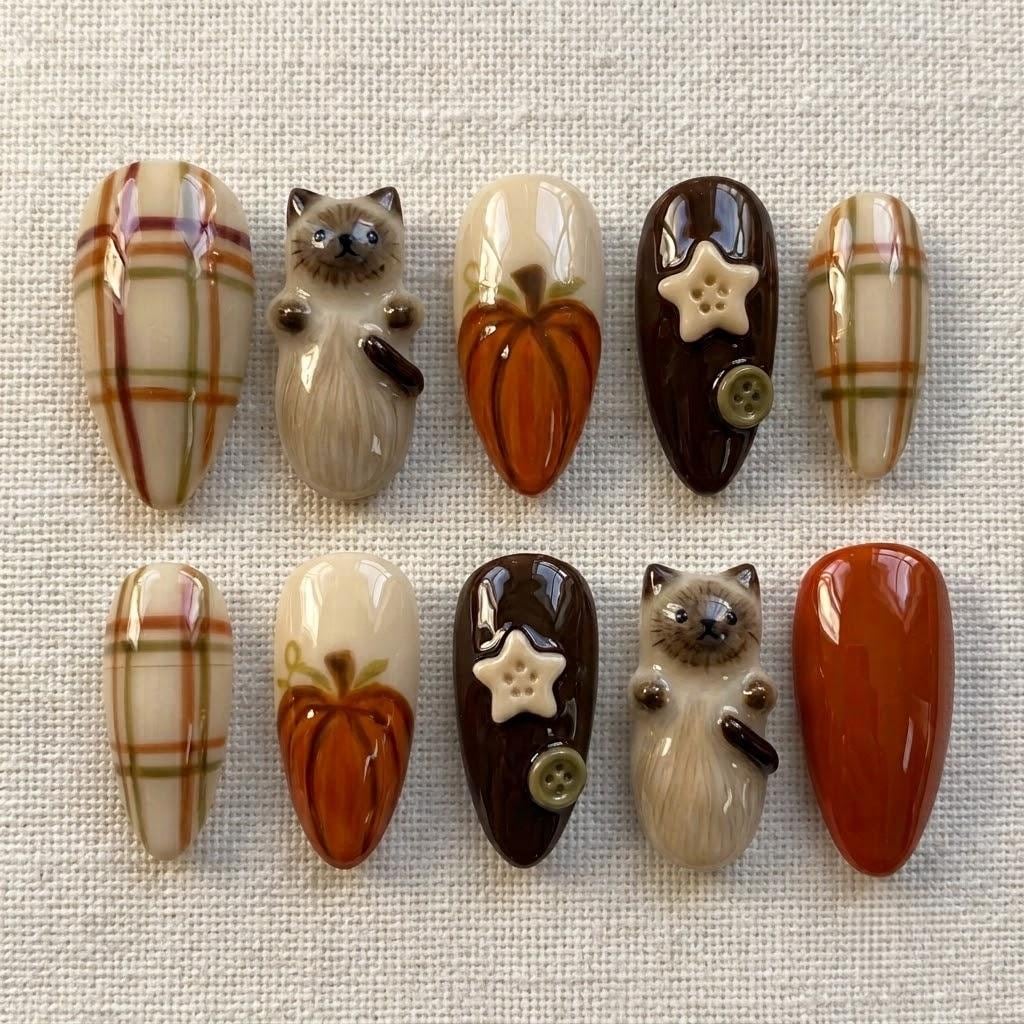 Autumn Cat and Pumpkin Press On Nails with Plaid, Star and Button Details
