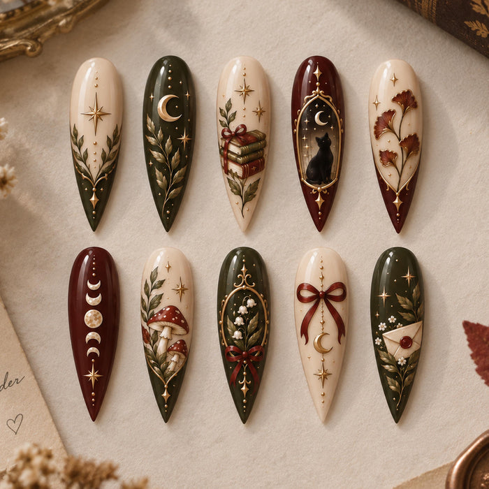 Autumn Celestial Woodland Press On Nail Set with Black Cat, Mushrooms, Books and Gold Stars