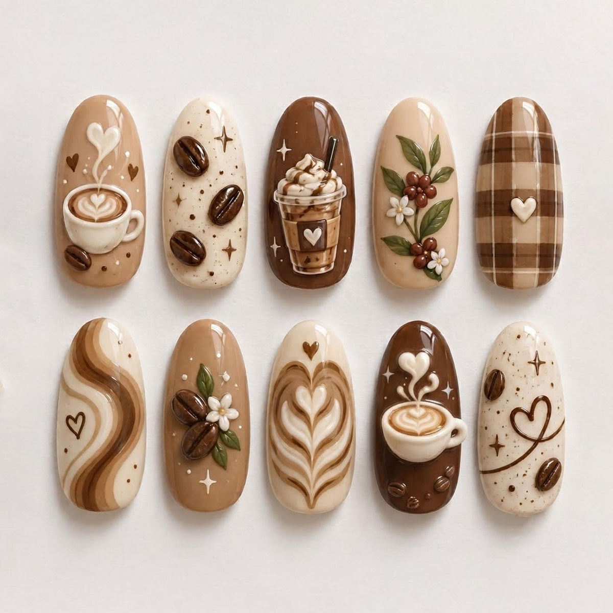 Autumn Coffee Latte Art Press-On Nails with Hearts, Coffee Beans and Plaid