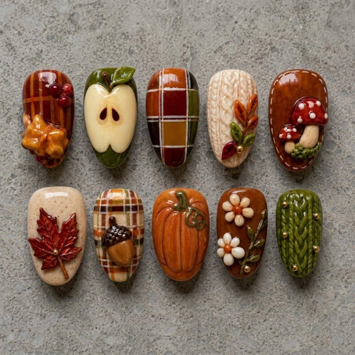 Autumn Cottagecore Press On Nail Set With Plaid, Mushrooms, Pumpkins and Sculpted Details