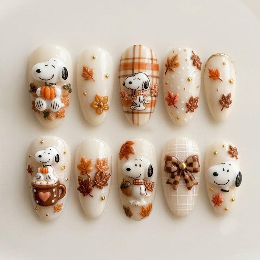 Autumn Dog and Pumpkin Nail Set with Plaid, Leaves, and Gold Accents