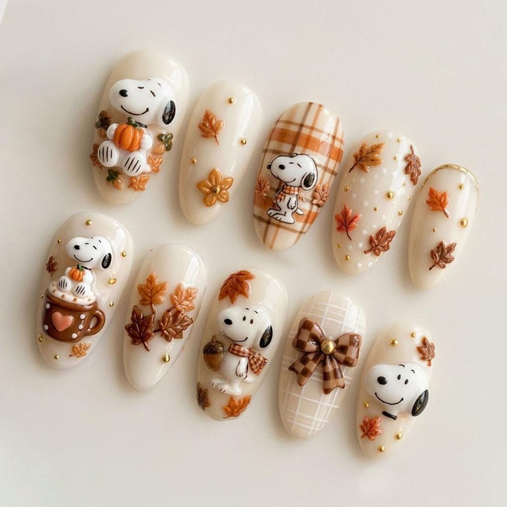 Autumn Dog and Pumpkin Nail Set with Plaid, Leaves, and Gold Accents