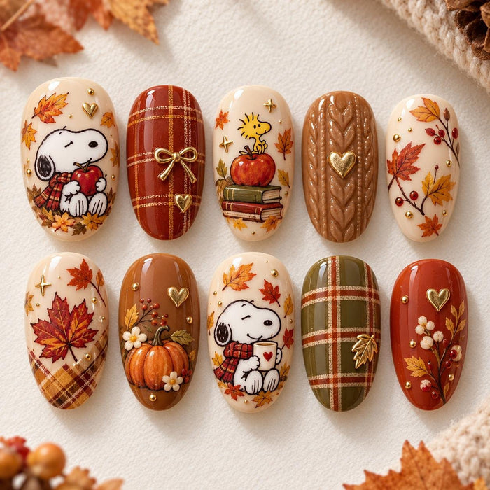 Autumn Dog, Pumpkin, Maple Leaf and Plaid Press On Nail Set