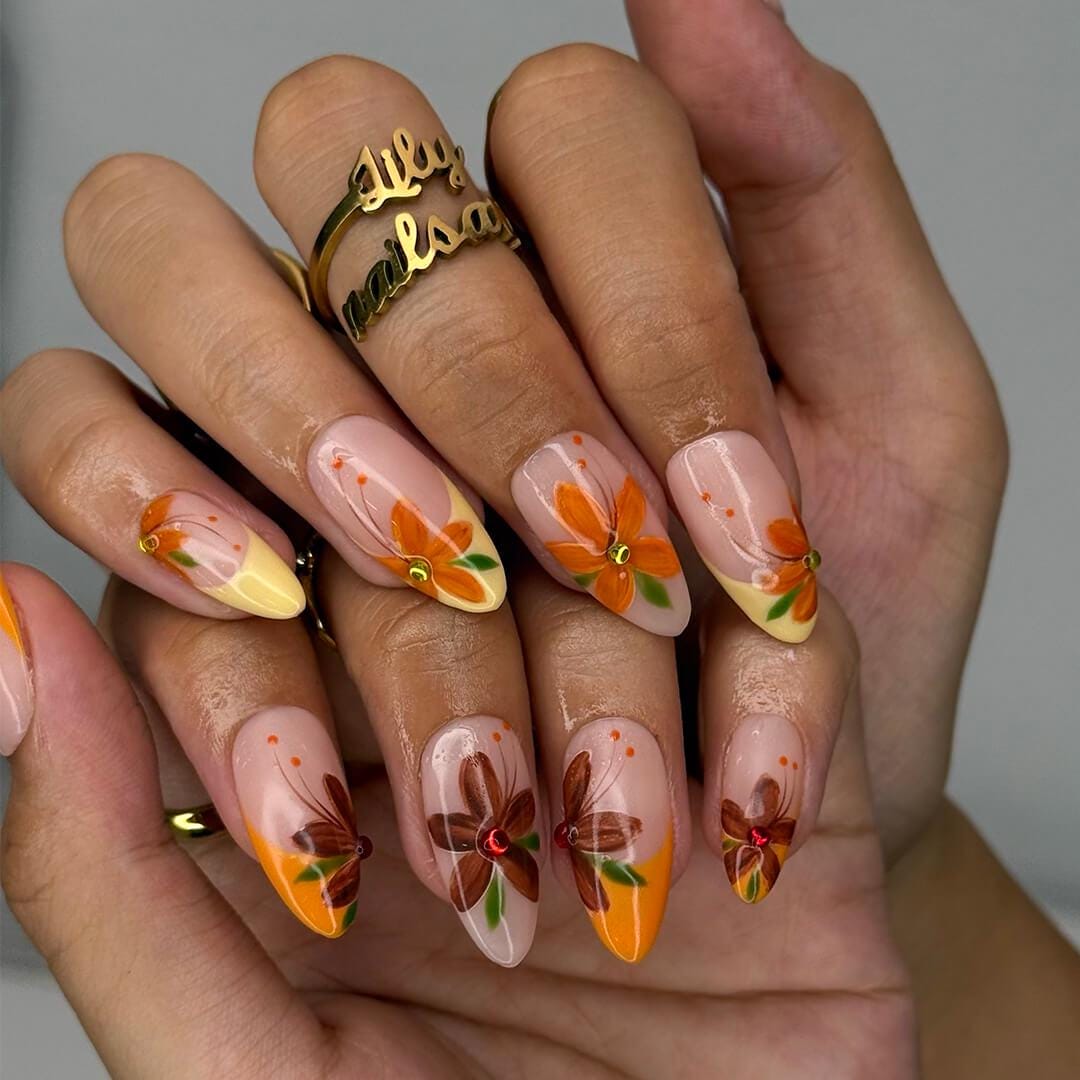 Autumn Floral Press On Nails with Orange and Brown Flowers and Rhinestone Centers