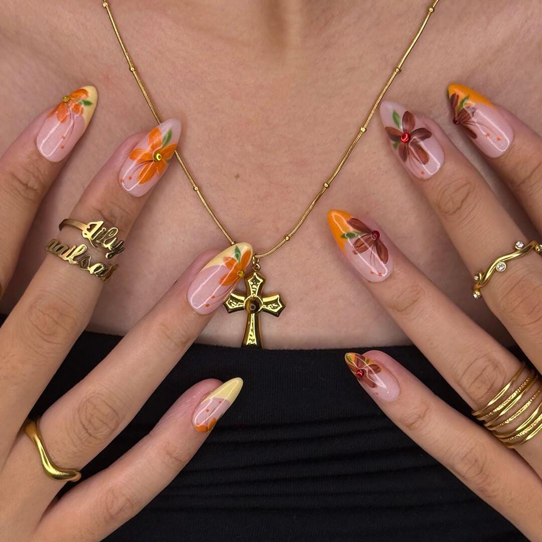 Autumn Floral Press On Nails with Orange and Brown Flowers and Rhinestone Centers