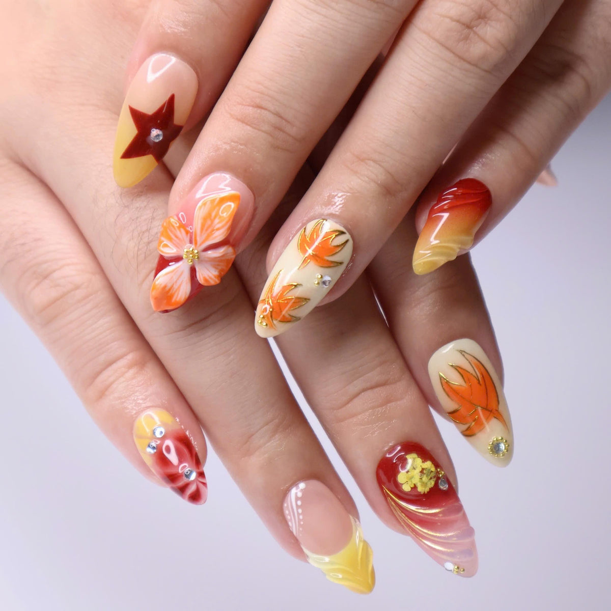 Autumn Floral Press On Nails with Painted Leaves, Flame Accents and Rhinestones