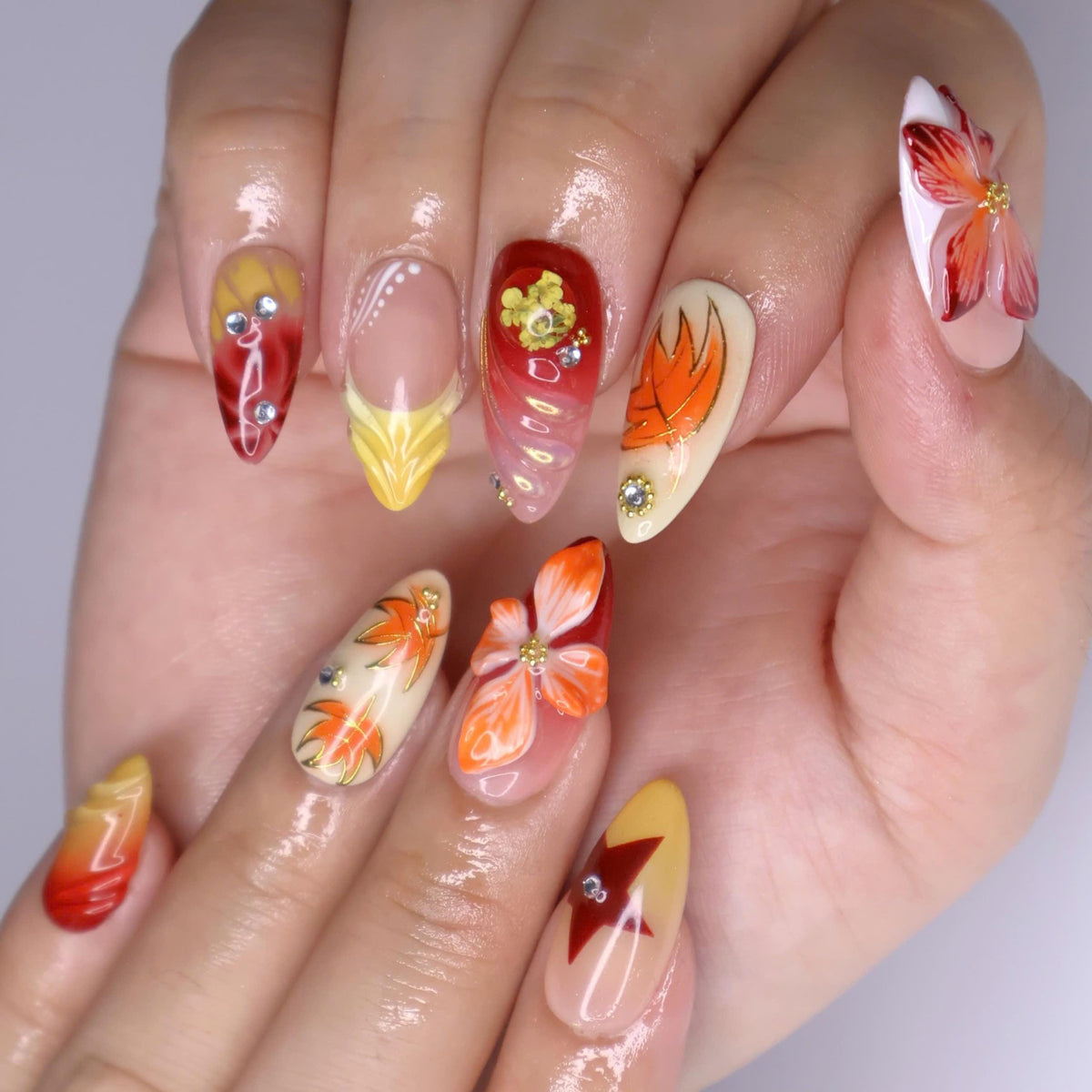 Autumn Floral Press On Nails with Painted Leaves, Flame Accents and Rhinestones