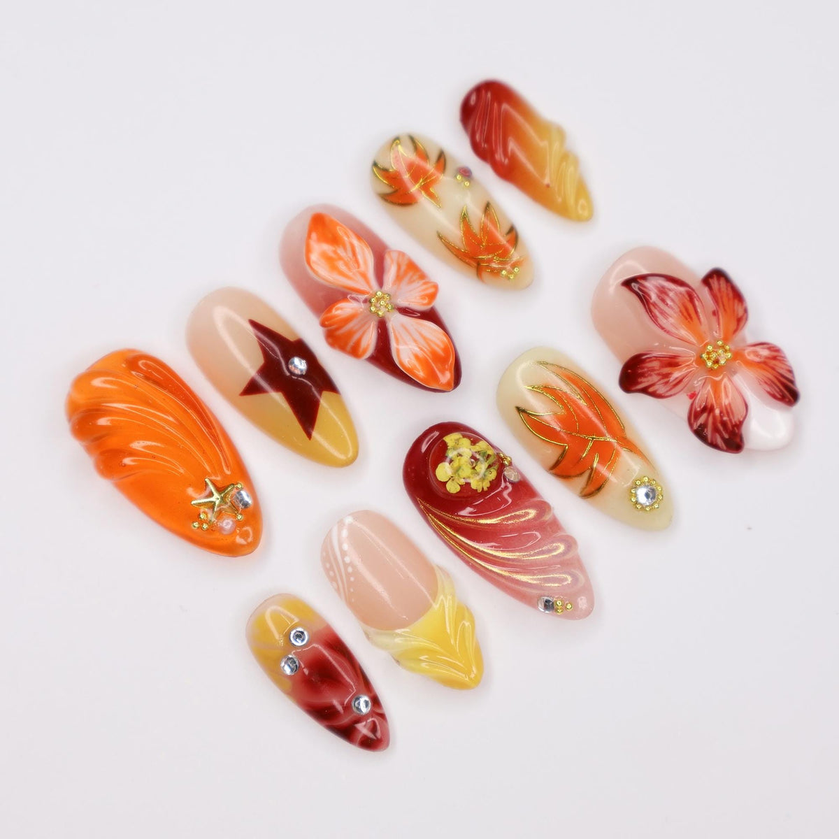 Autumn Floral Press On Nails with Painted Leaves, Flame Accents and Rhinestones